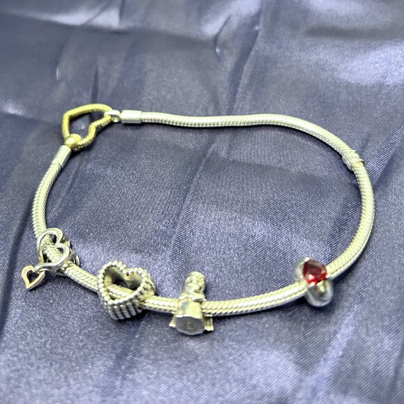 Pandora Sterling Silver Heart Closure Bracelet 9 " with 1 spacer & 3 charms - Picture 2 of 4